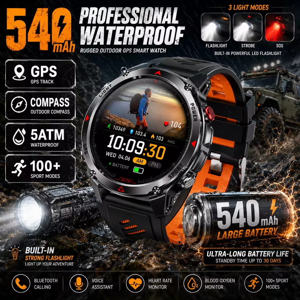 Altimeter Compass Watch - Montre connectée militaire 540mAh GPS, étanche
